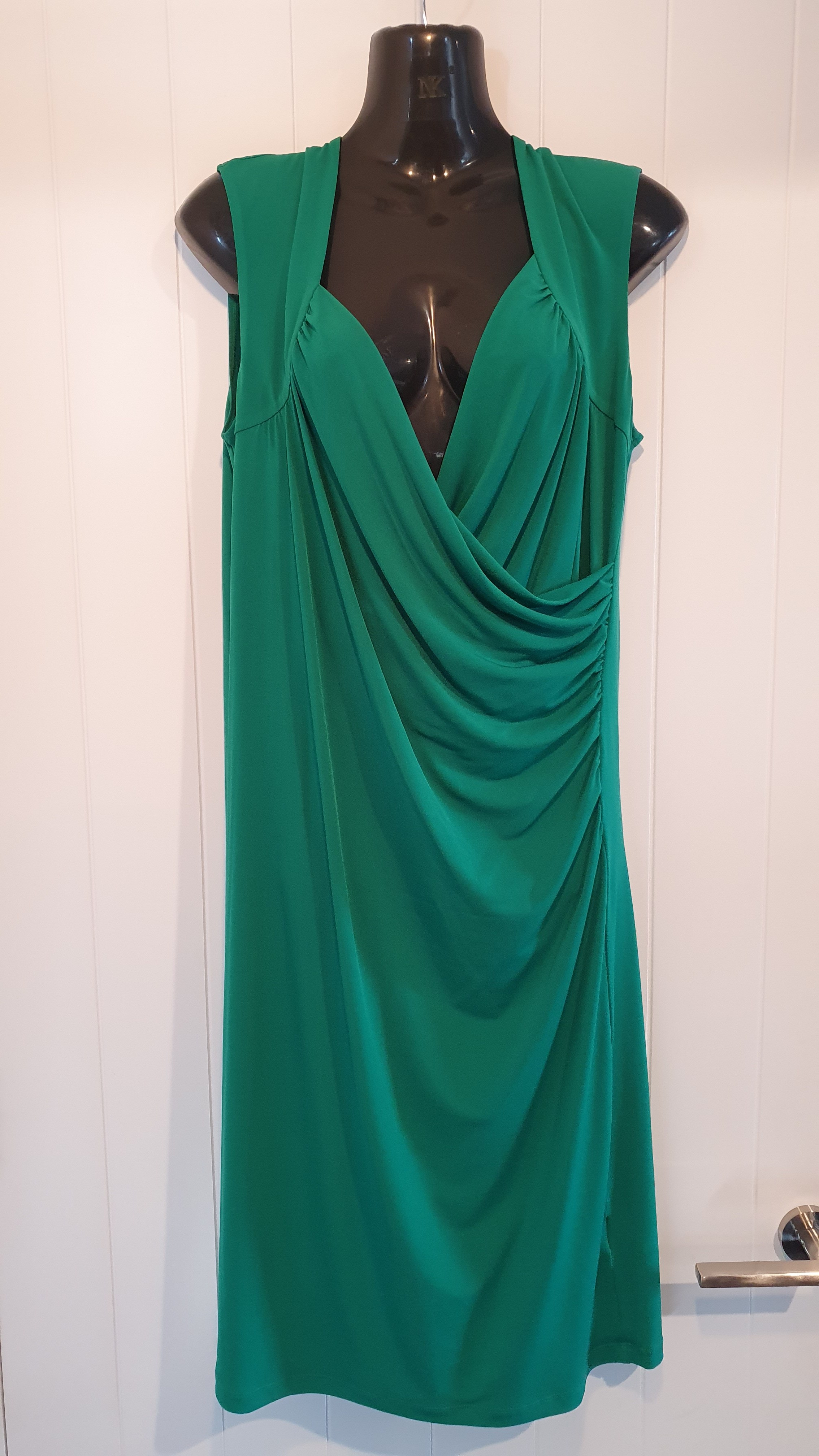 Philosophy Green Draped Dress Size 14 V Neck Ruched Stretch