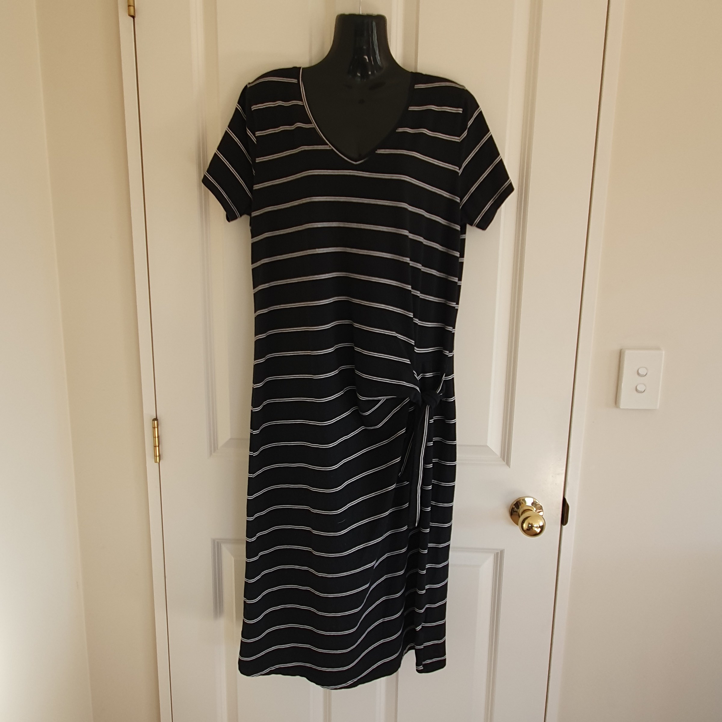 Elm Stripe Midi Dress Size 14 Black White Tie Waist Casual Cotton Stretch