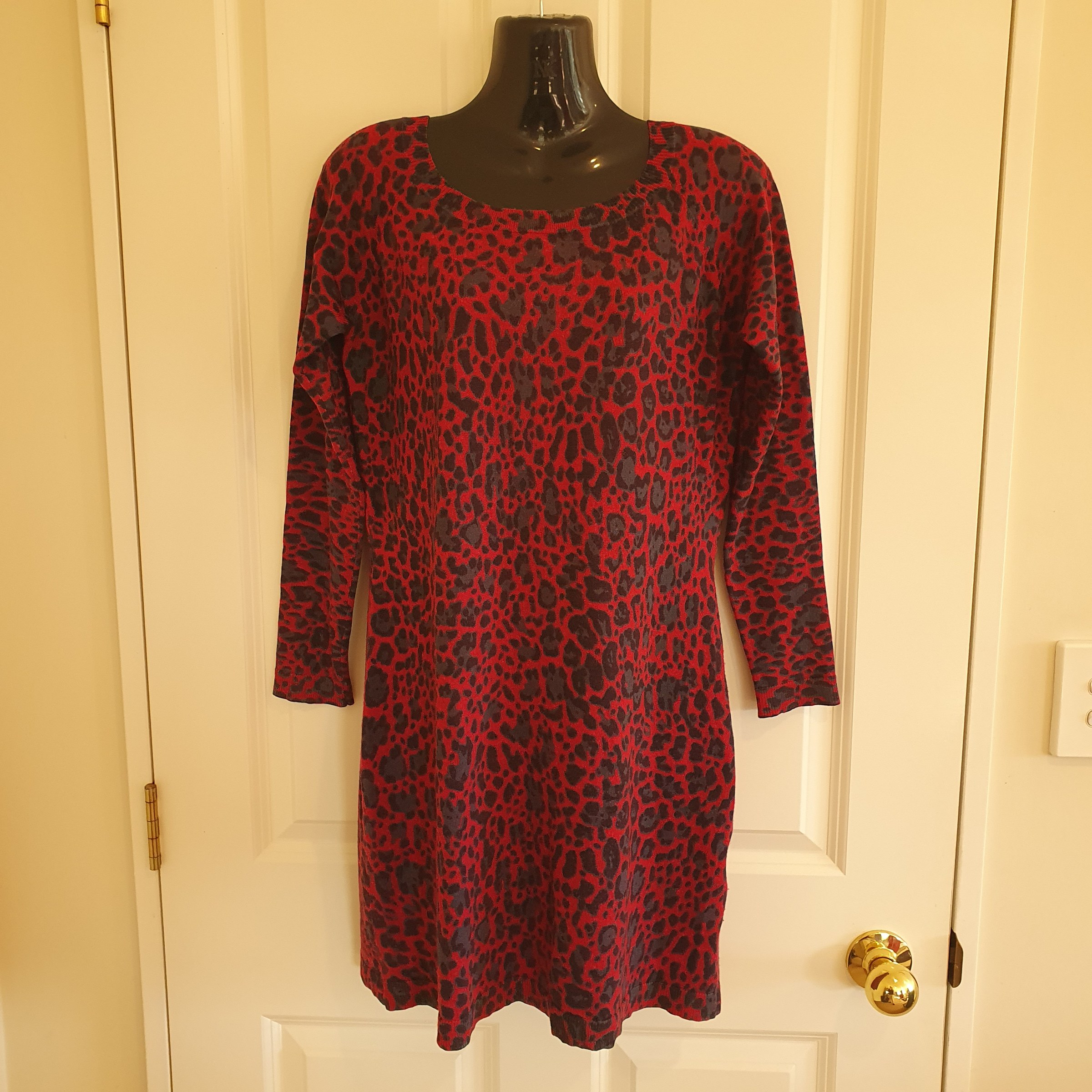 David Lawrence Wool Blend Animal Print Knit Dress Size S Red Black
