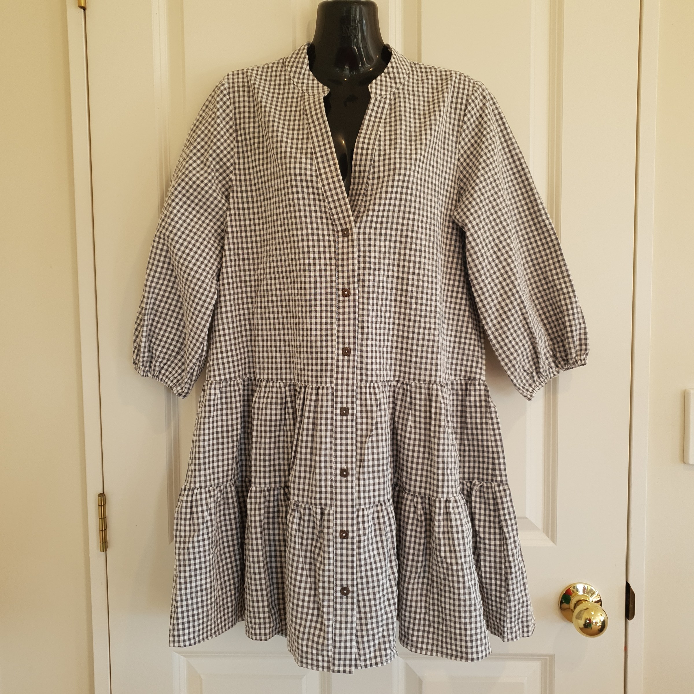 Petal + Pup Grey & White Gingham Tiered Shirt Dress – Size S/M