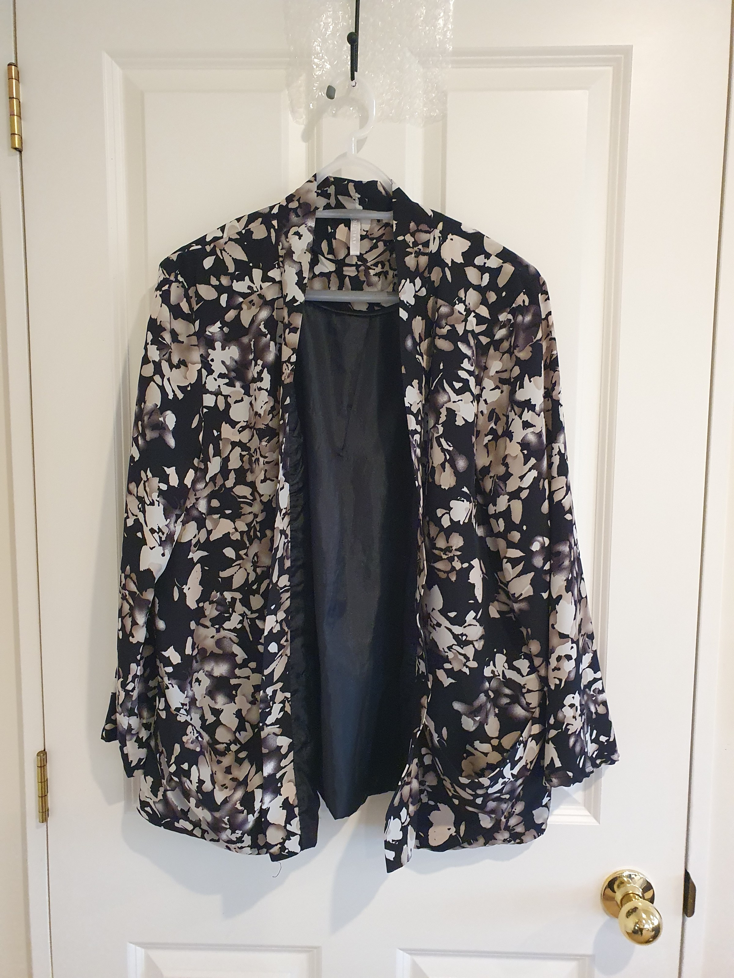Analytic Floral Open Front Jacket Size 16 Black Taupe Lightweight Blazer