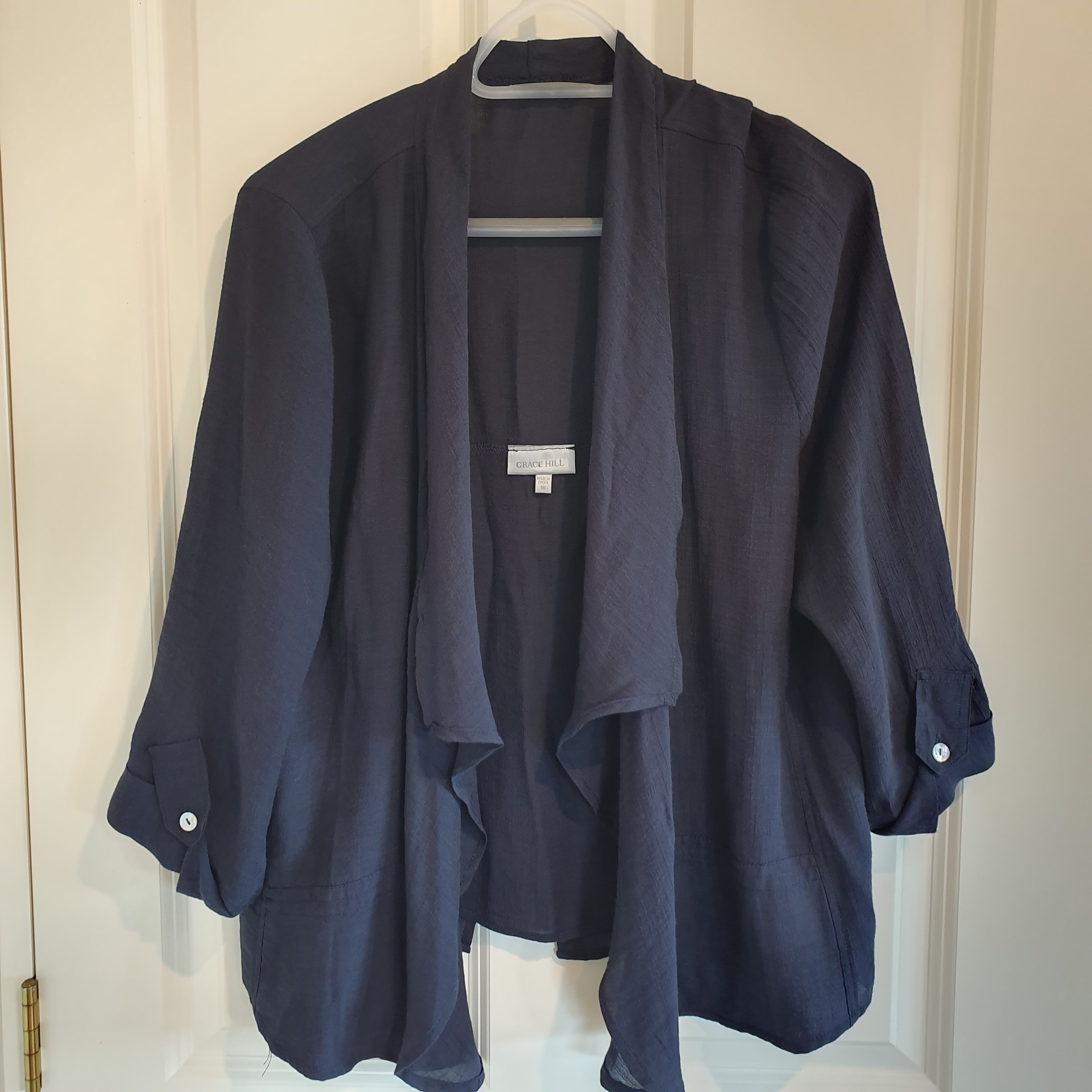 Grace Hill Open Front Waterfall Jacket Size 16 Navy Lightweight Layer