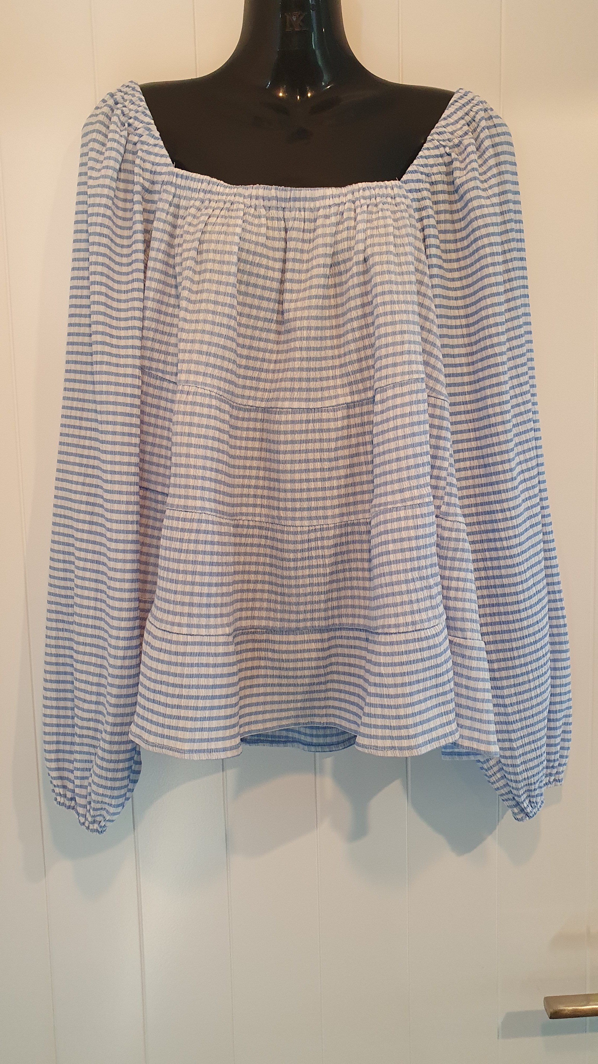 Atmos and Here Top Blue Stripe Size 16 Gathered Shoulder