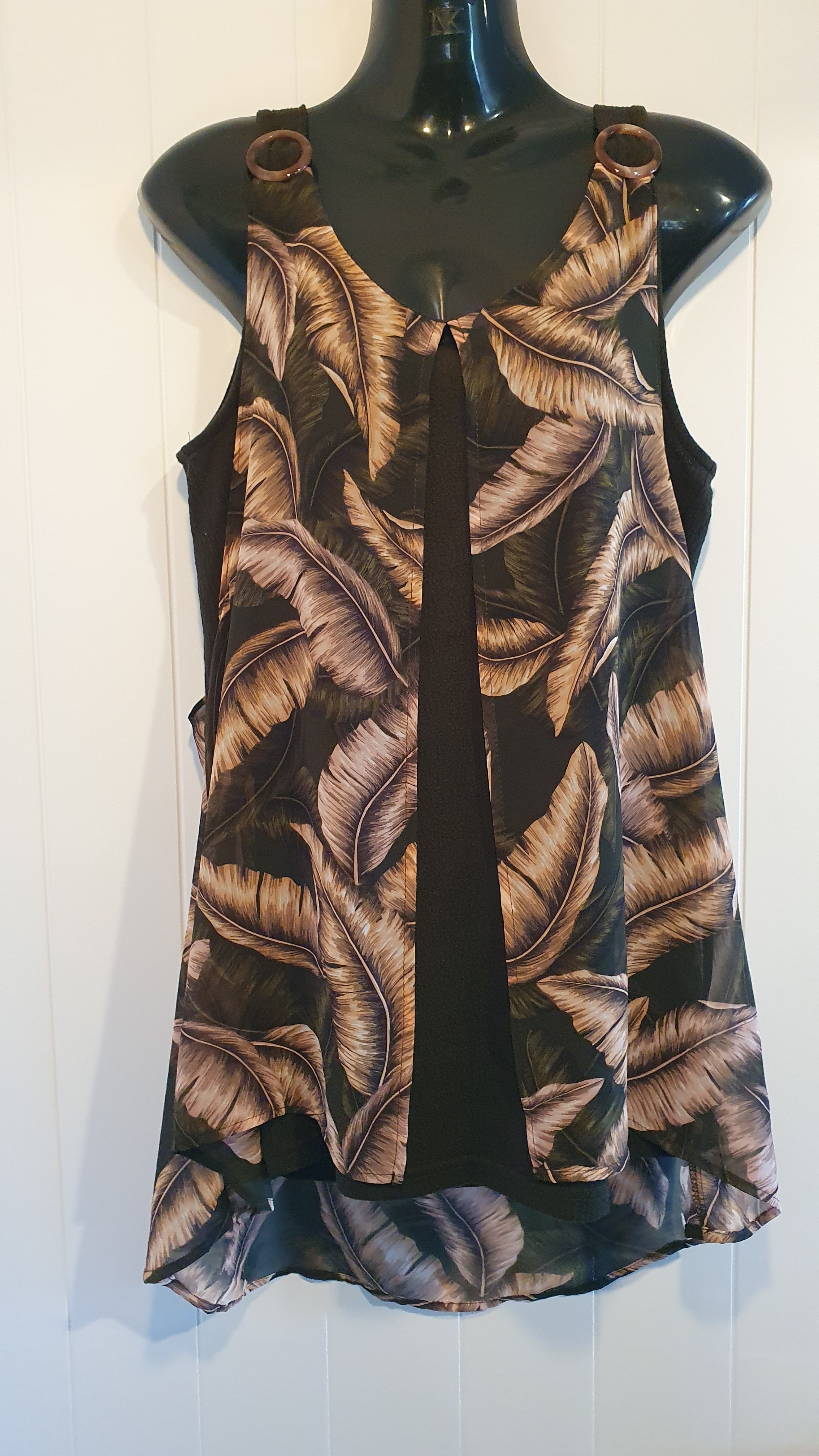 Rockmans Top Khaki Green Leaf Print Size S ANWT Sheer Overlay Ring Straps