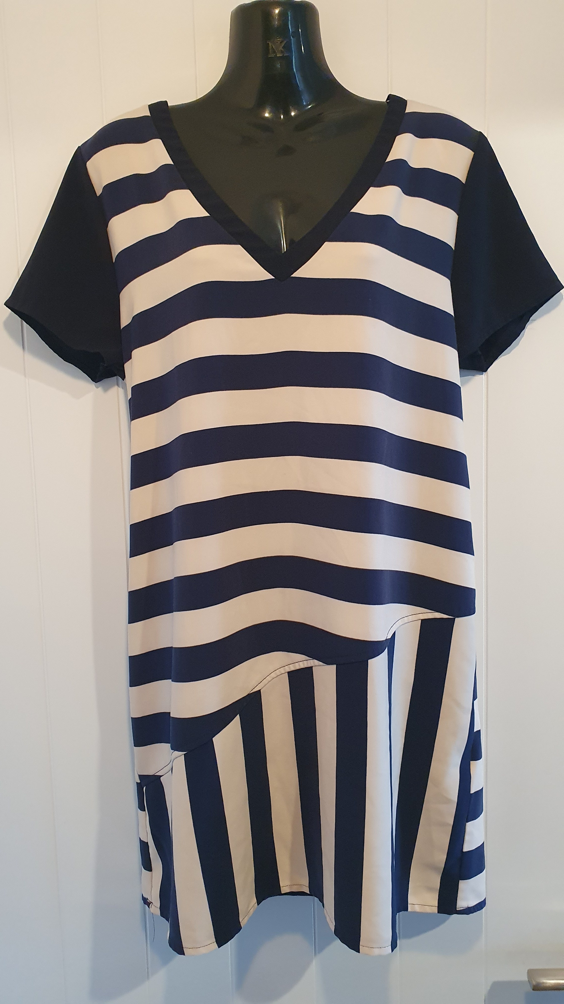 Minkpink Dress Navy Cream Stripe Size M Asymmetrical Layered Hem
