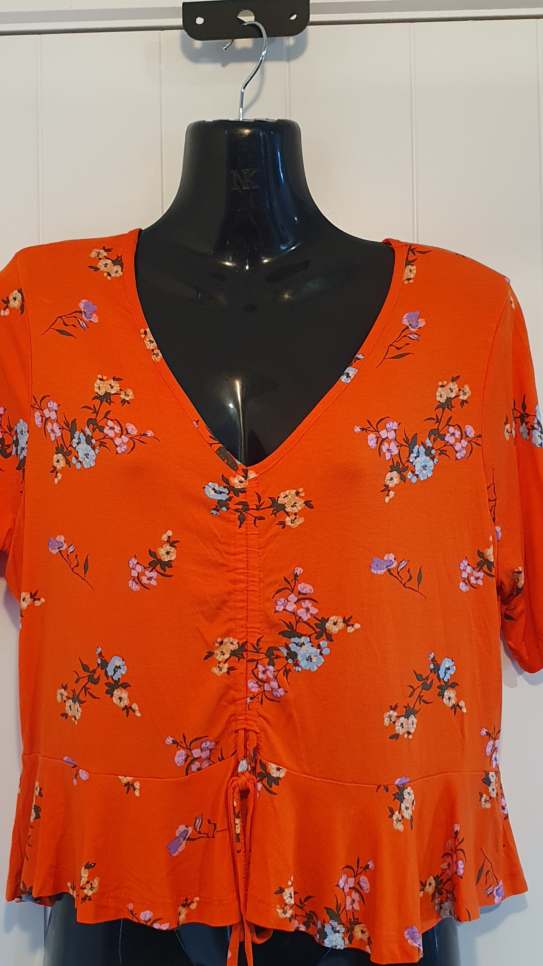 Primark Floral Peplum Top Orange V Neck Ruched Size 14 Stretchy