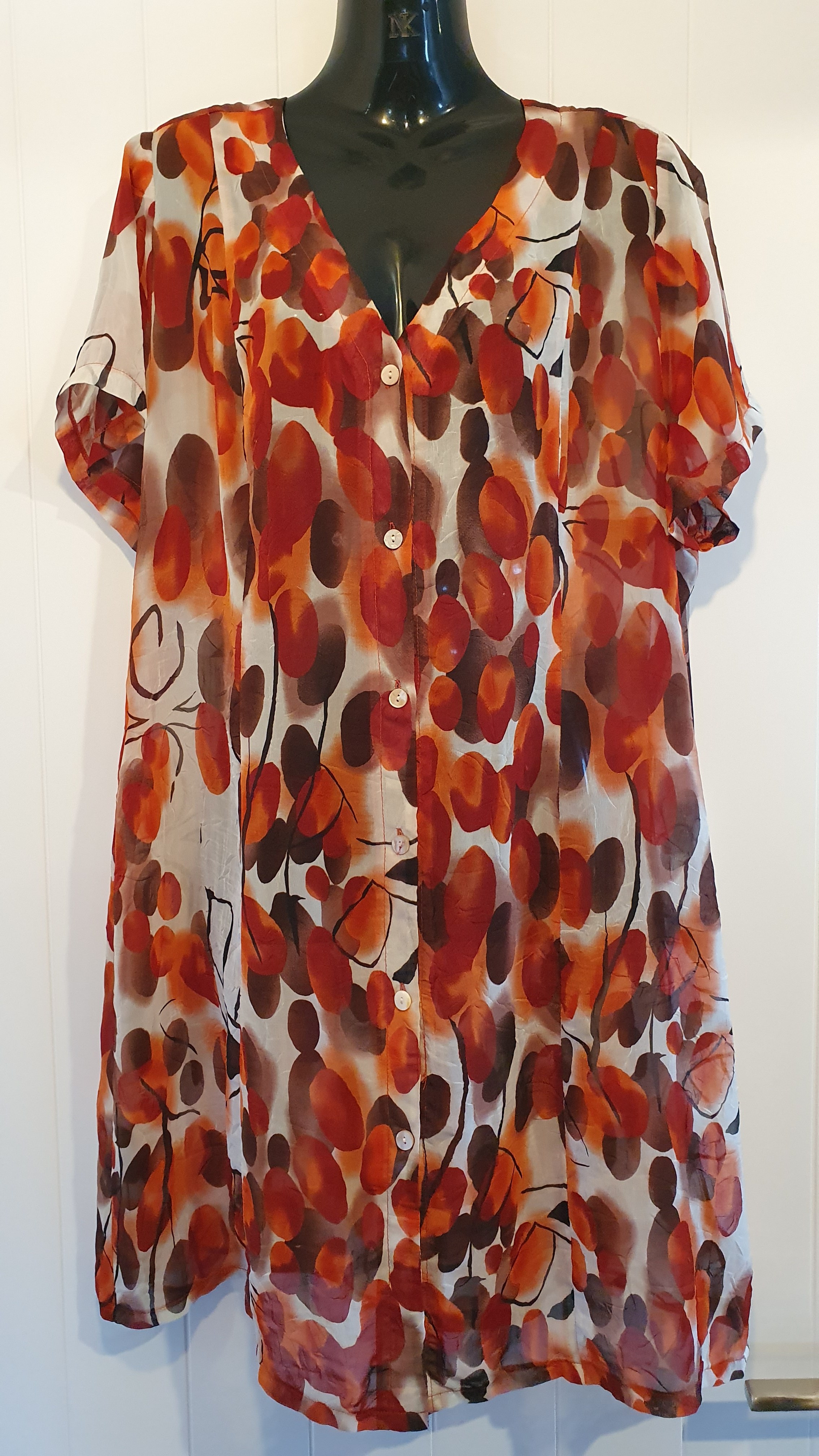 U.R.U Sheer Button Front Top Orange/Brown Print Size 16