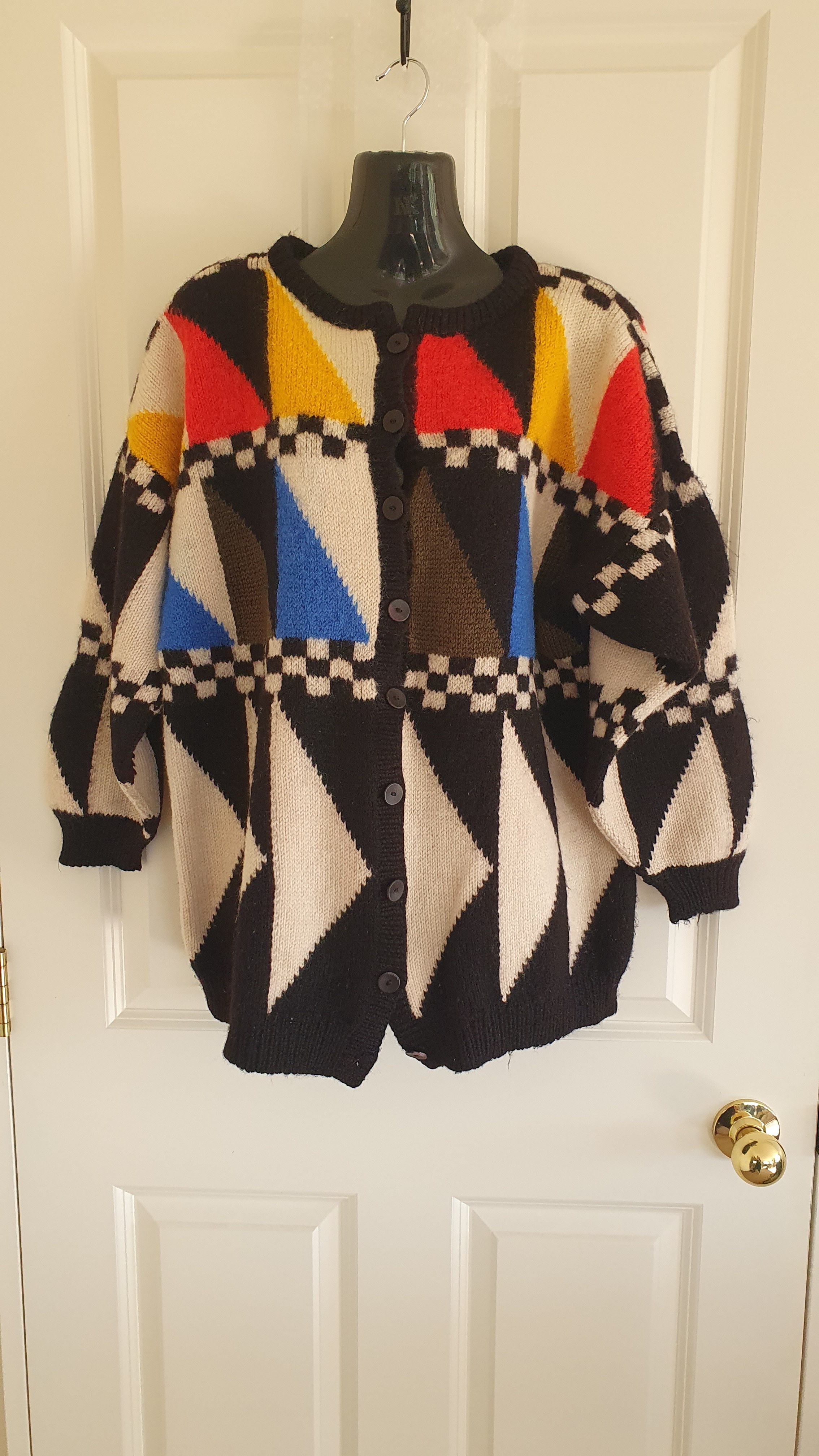 Oversized Retro Geometric Knit Cardigan Heavy Statement Jumper L XL