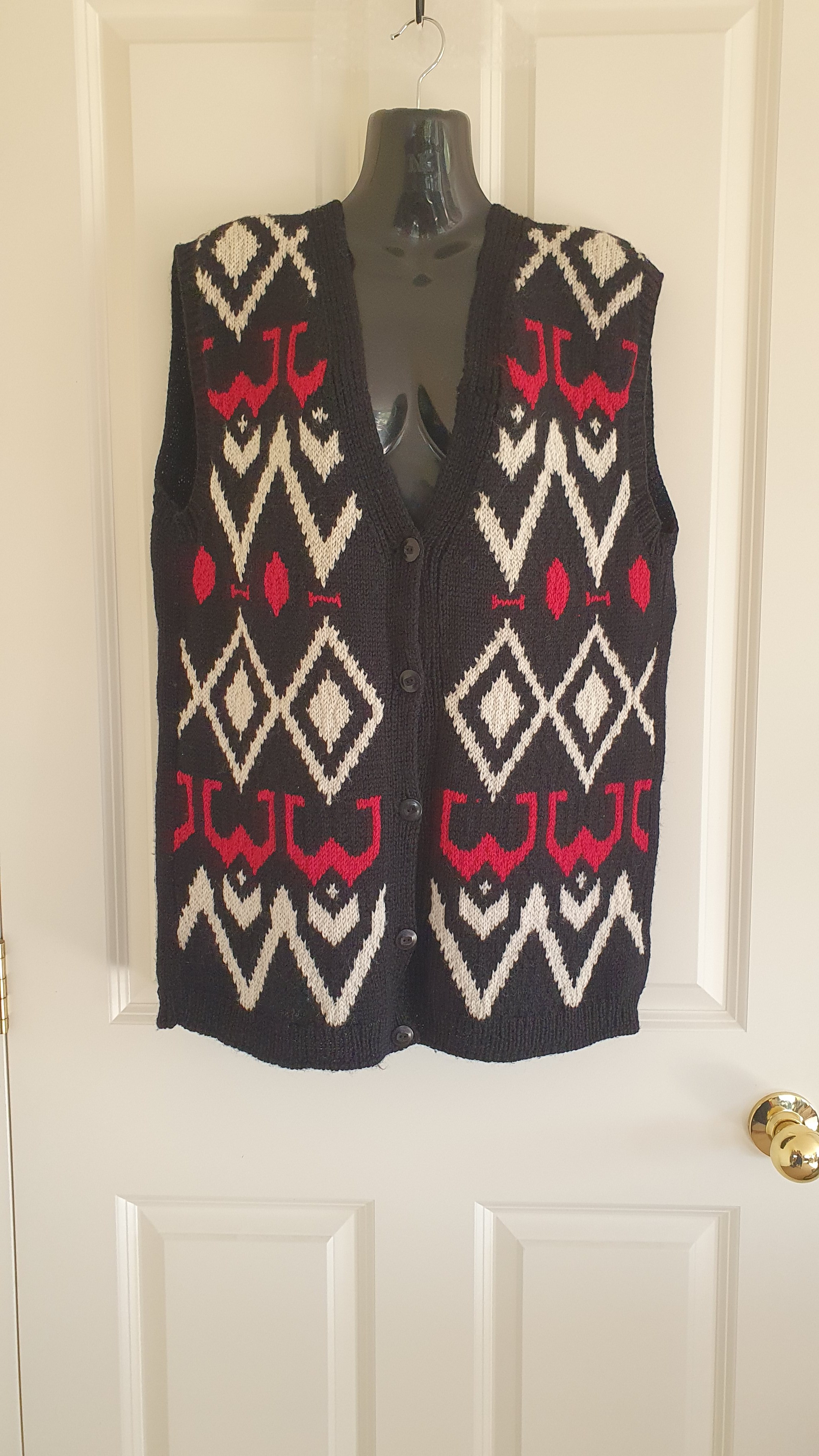 Retro Knit Sweater Vest Oversized Geometric Button Front Vest