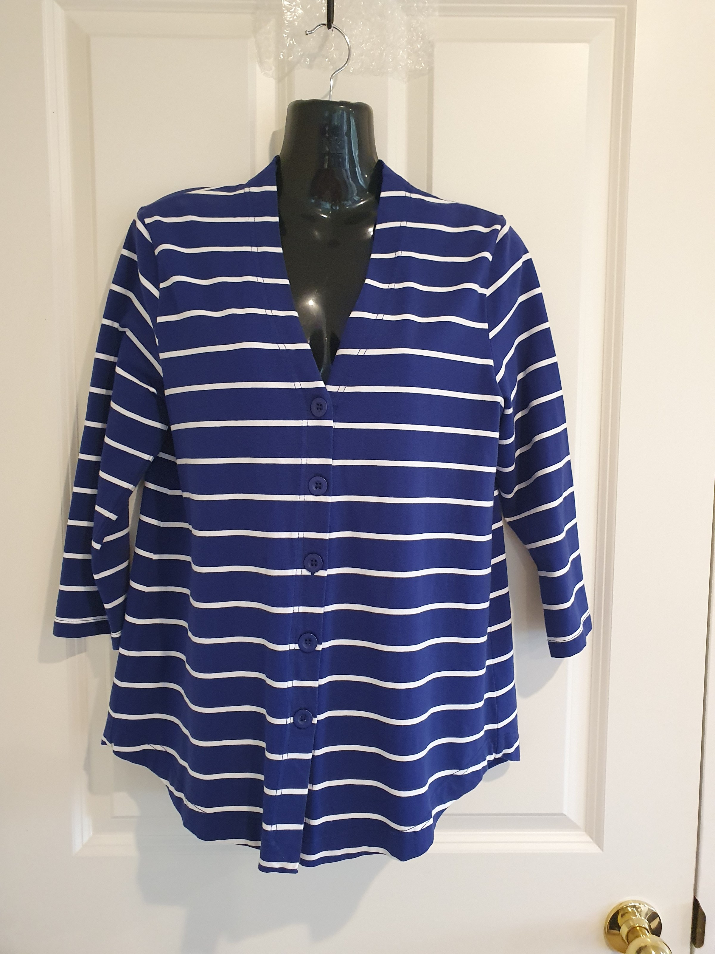 Ballantynes Essentials Blue Stripe Cardigan Size S Cotton Stretch Button Front