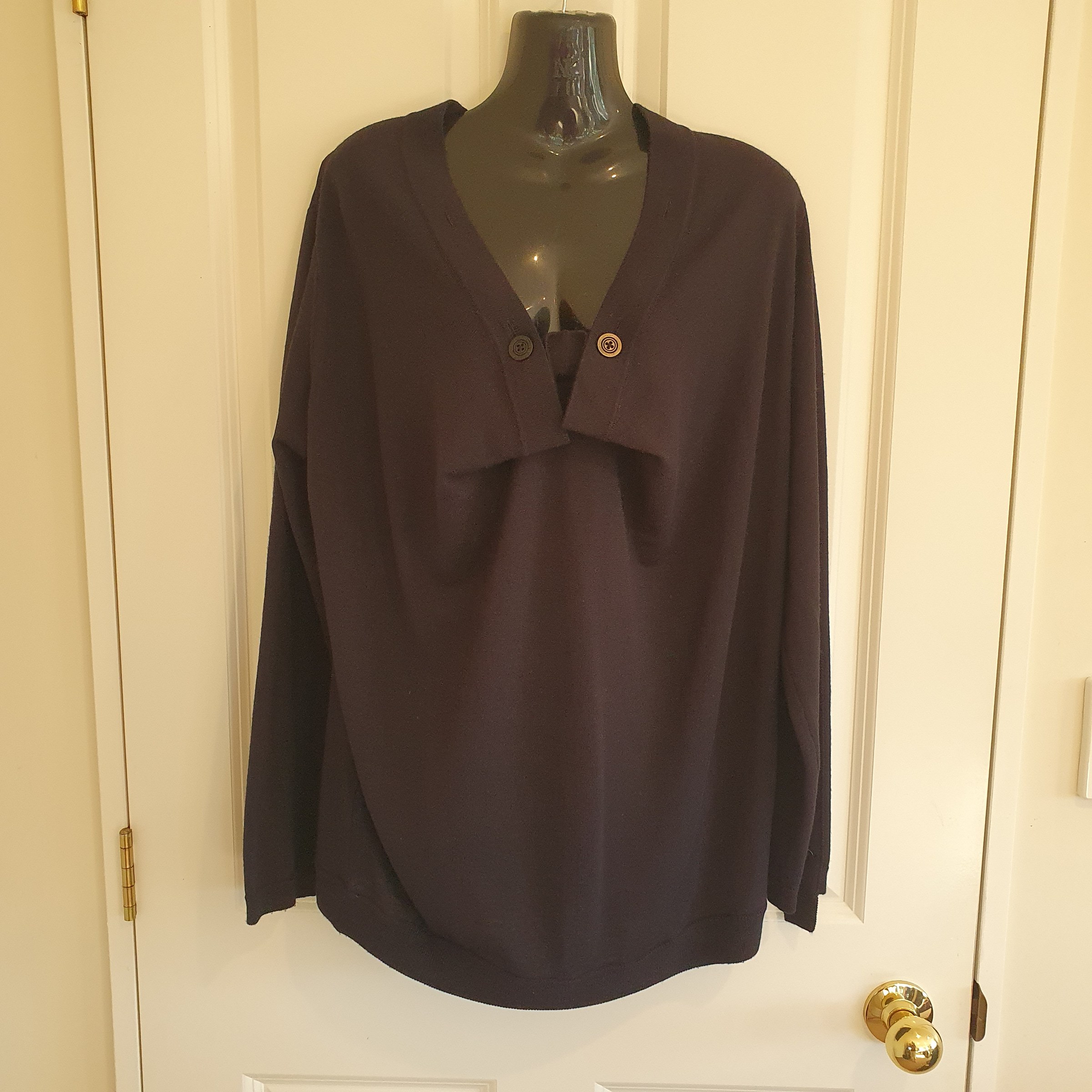 Verge Wool Blend Knit Top XL Black Draped Button Collar