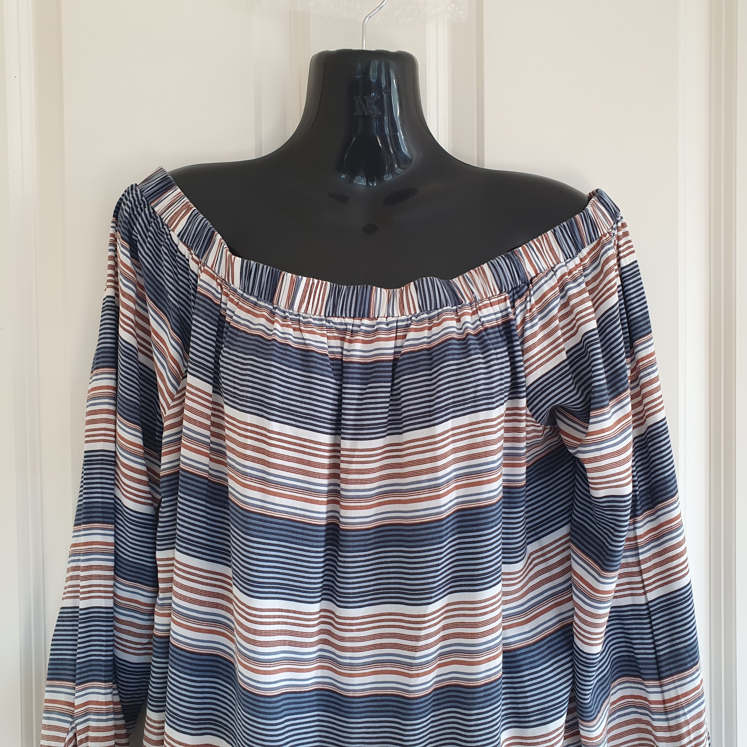 Halo + Hazard Off Shoulder Stripe Top Size L Blue Brown Viscose Boho Blouse
