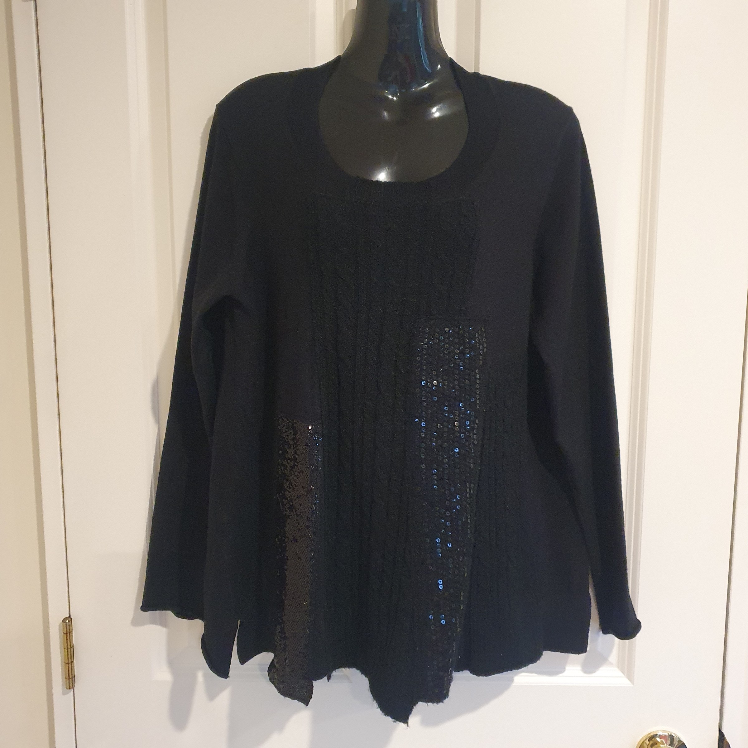 Verge Charlotte Sweater Black Cable Knit Sequin Panel Alpaca Wool Blend Size M