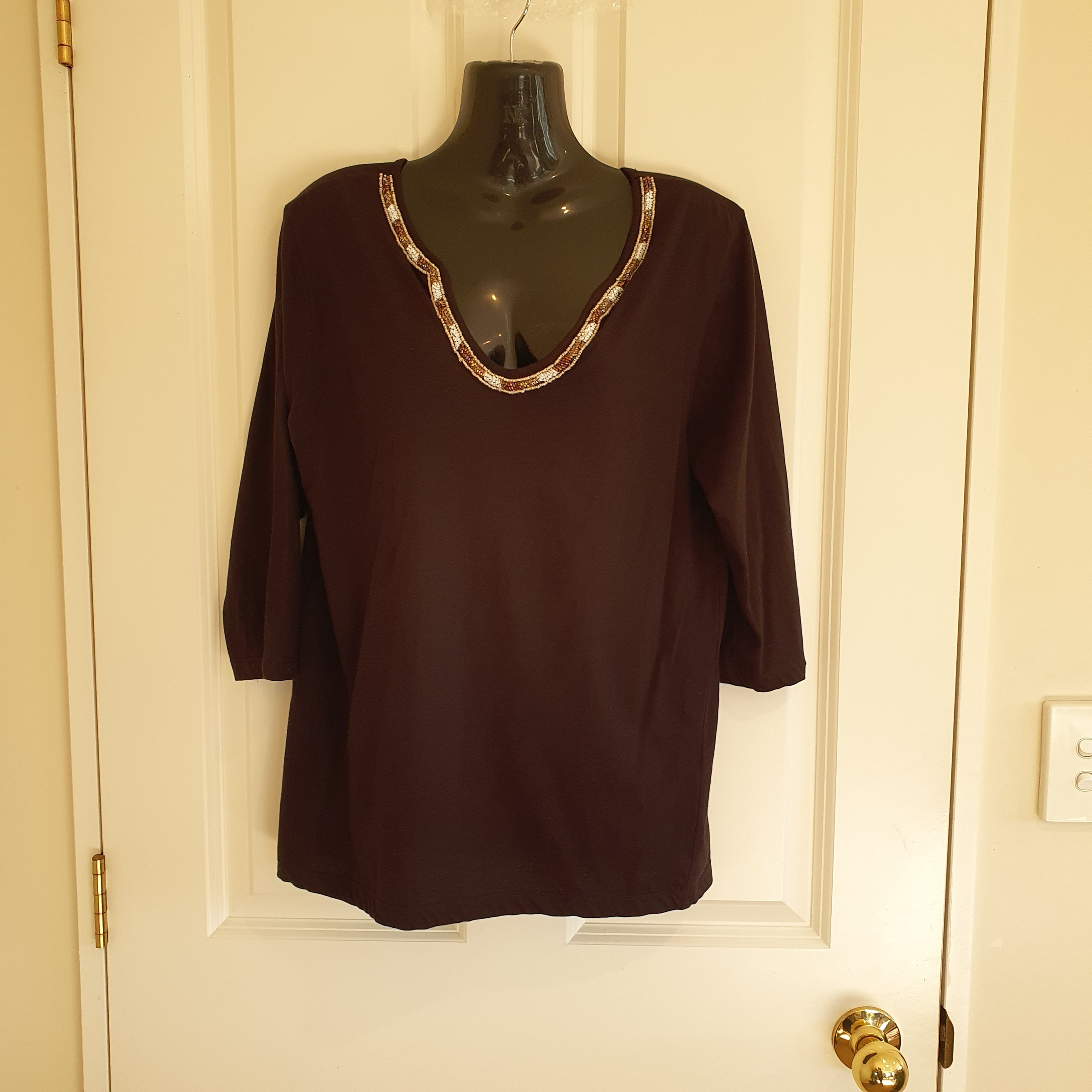 Holmes & Fallon Beaded Neck Cotton Top Brown Size M As NWT