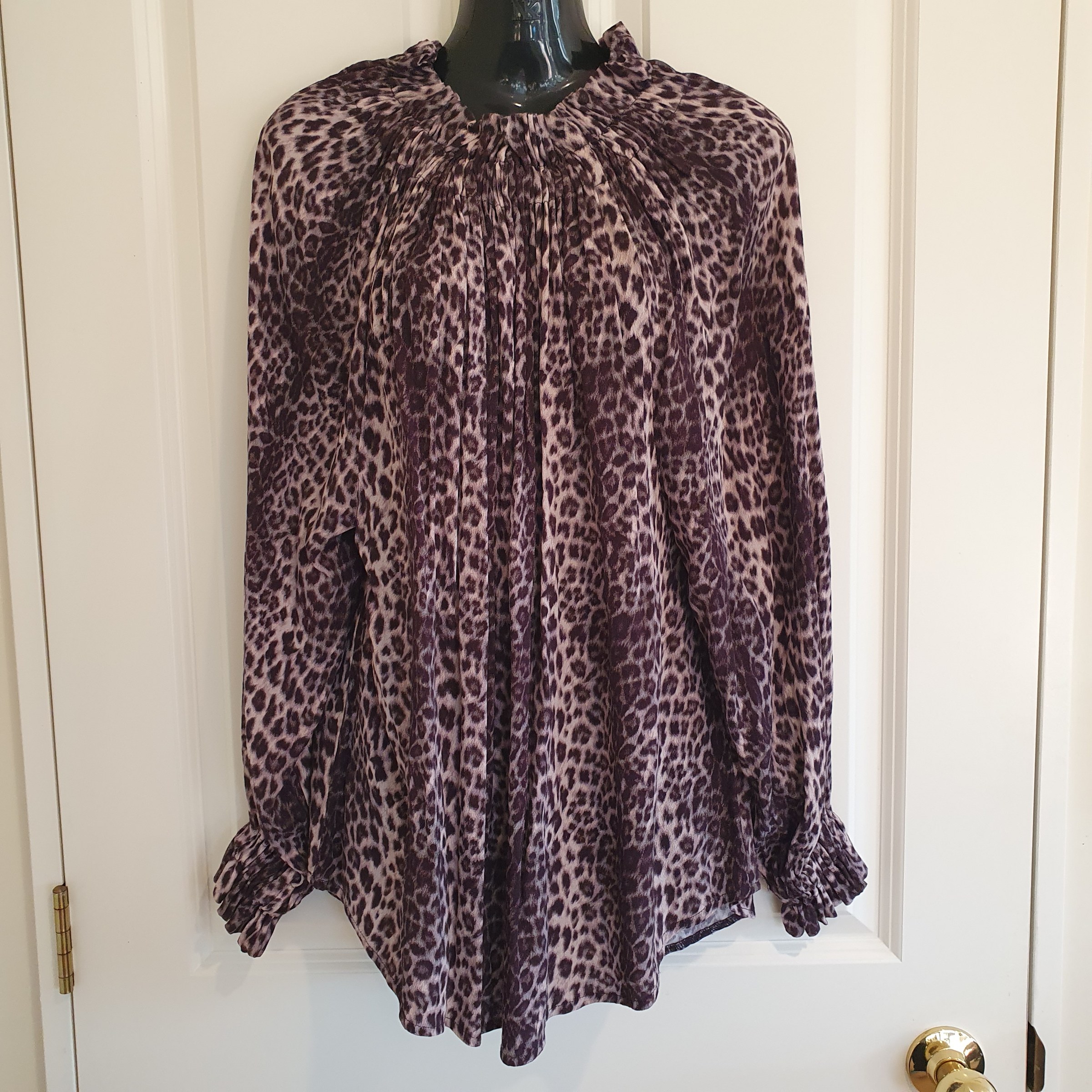 Briarwood Leopard Print Gathered Blouse NZ Made Brown Size M