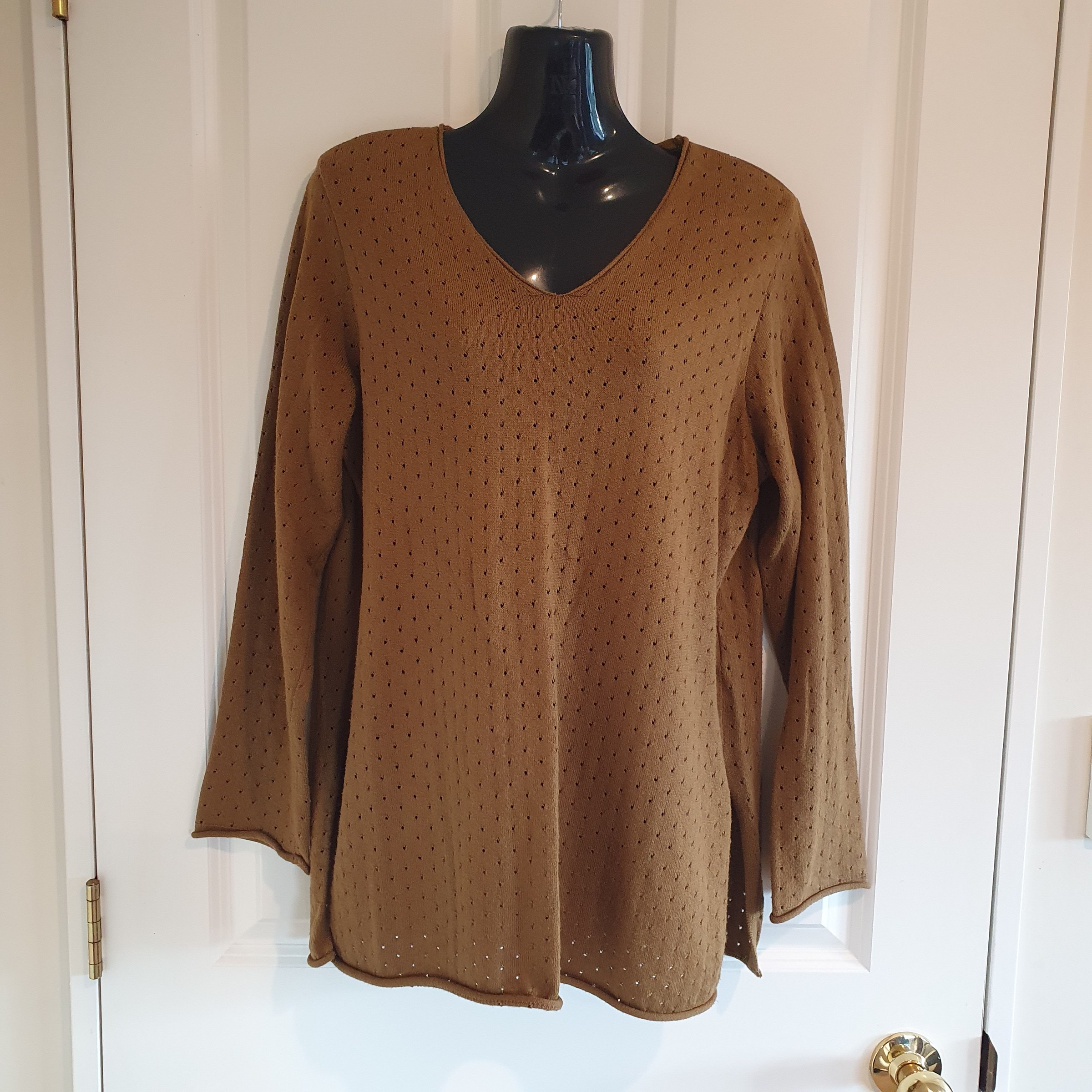Gudrun Sjödén Organic Cotton Knit Top Khaki Brown Long Sleeve Size M