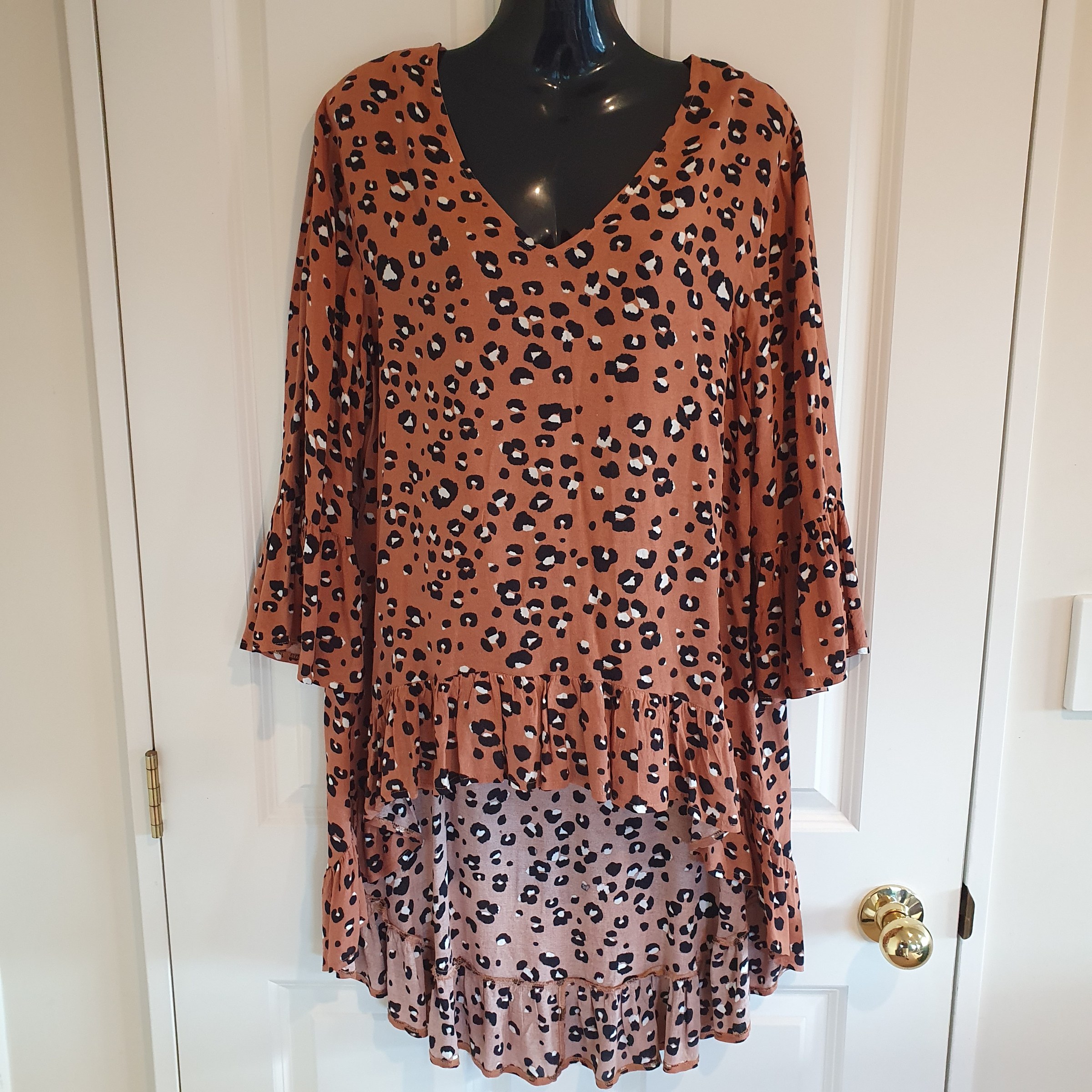 Izabel London Leopard Print Tunic Top Dress Size 14 Brown Boho Ruffle