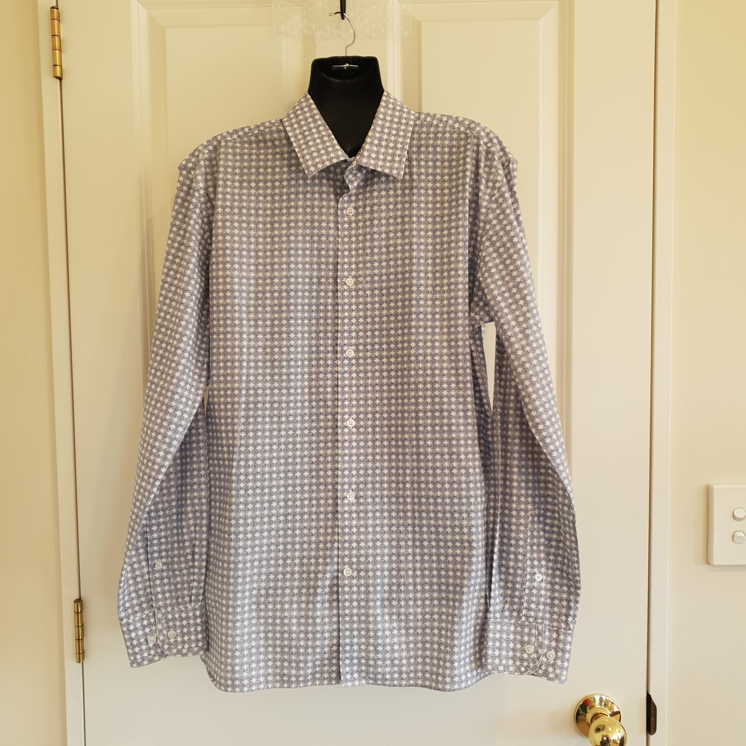 Wayward Heir Blue & White Geometric Cotton Shirt – Size M / 40