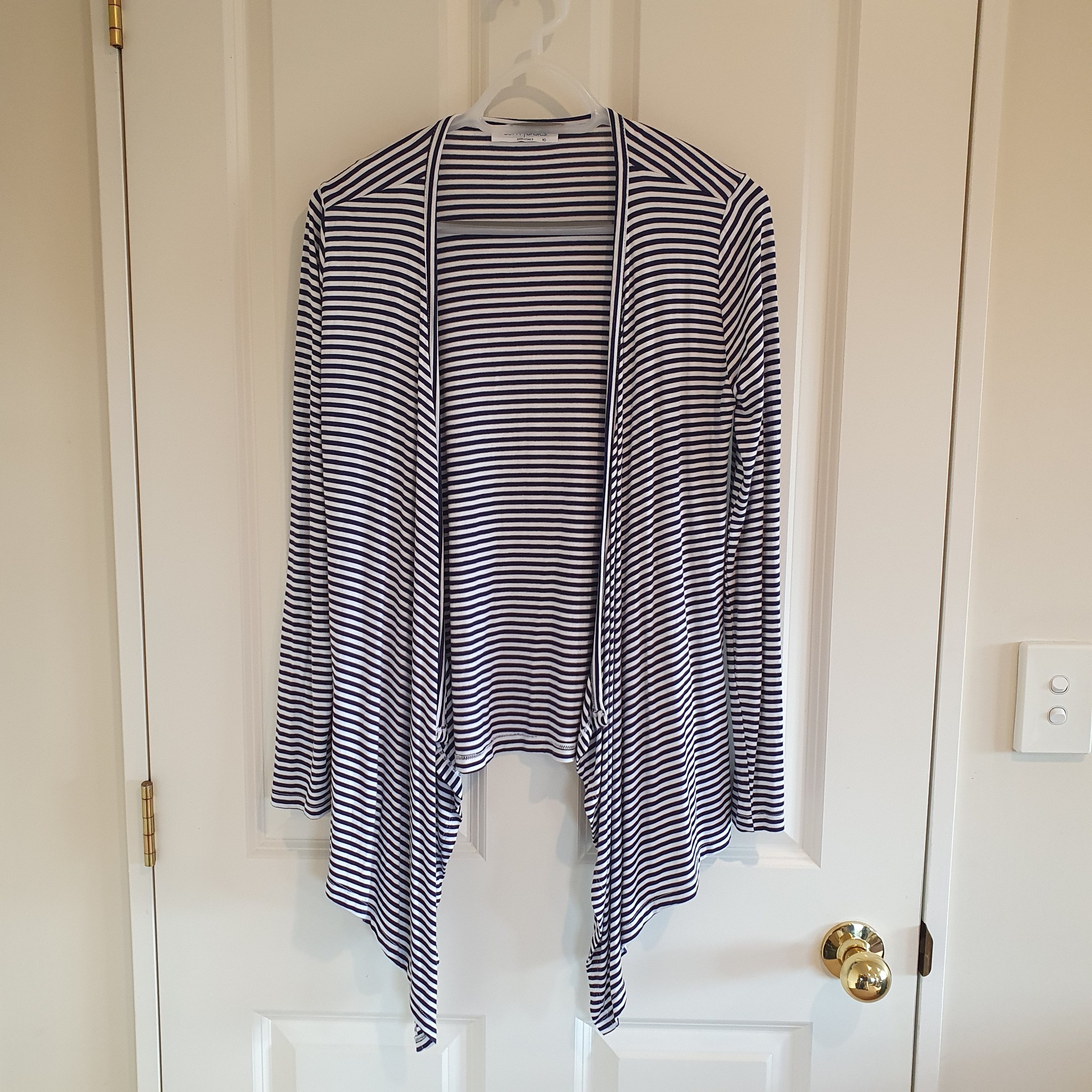 Betty Basics Navy & White Striped Waterfall Wrap Cardigan Size 10